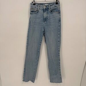 Zara High Waisted Straight Leg Light Wash Ankle Raw Hem Jeans Womens Size 0